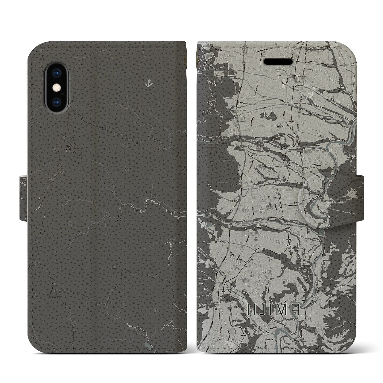 【飯島(長野県)】地図柄iPhoneケース(手帳タイプ)モノトーン・iPhone XS / X 用