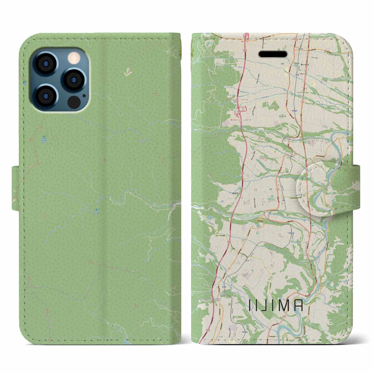 【飯島(長野県)】地図柄iPhoneケース(手帳タイプ)ナチュラル・iPhone 12 / 12 Pro 用