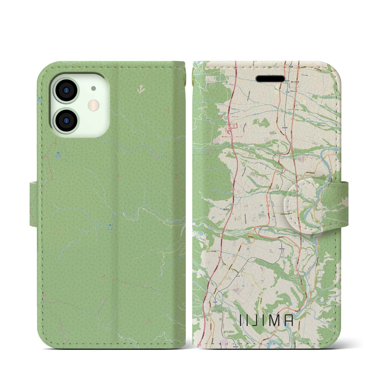【飯島(長野県)】地図柄iPhoneケース(手帳タイプ)ナチュラル・iPhone 12 mini 用