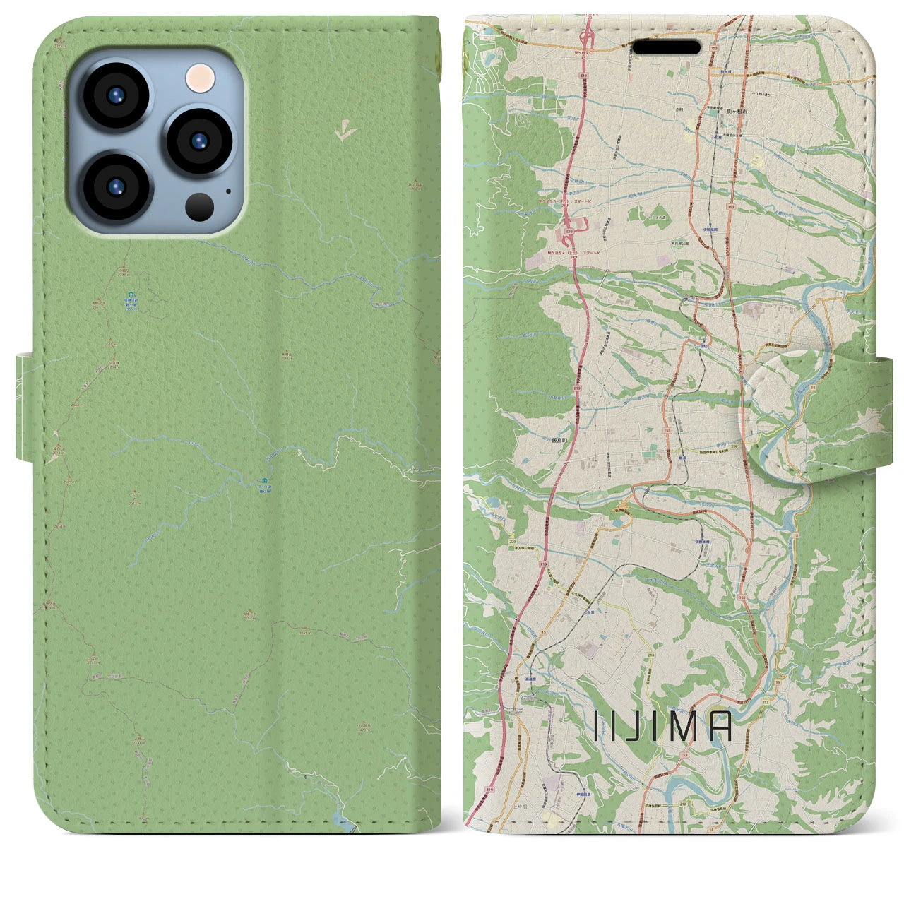 【飯島(長野県)】地図柄iPhoneケース(手帳タイプ)ナチュラル・iPhone 13 Pro Max 用