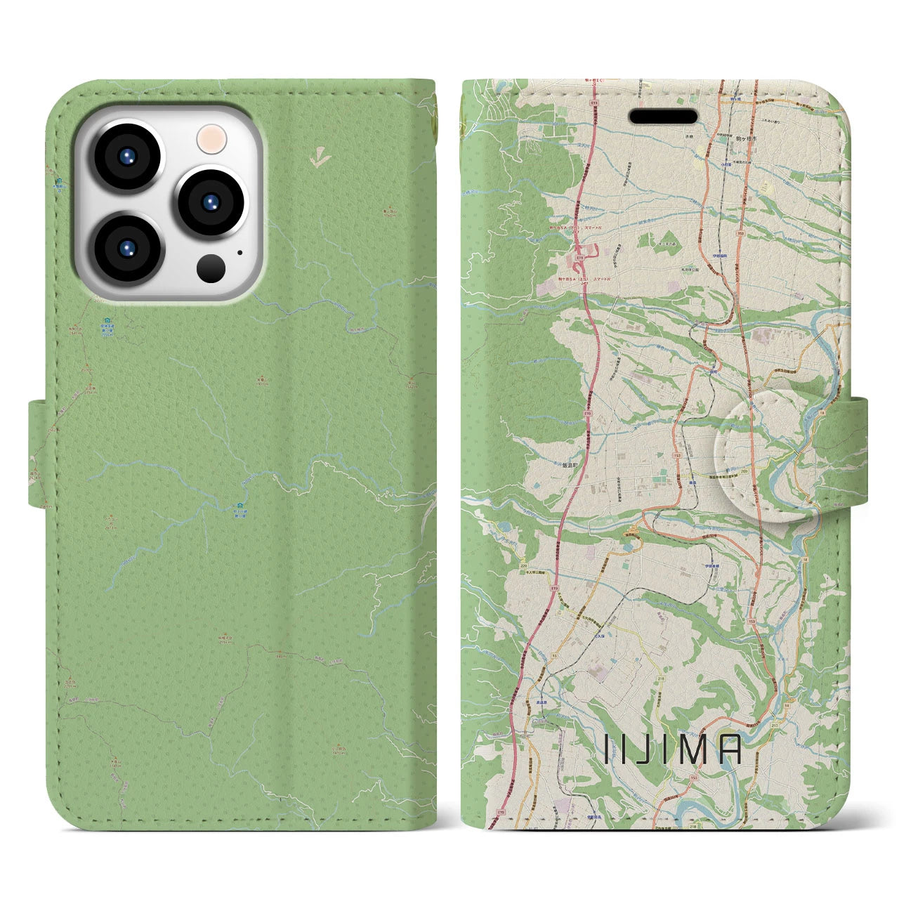【飯島(長野県)】地図柄iPhoneケース(手帳タイプ)ナチュラル・iPhone 13 Pro 用