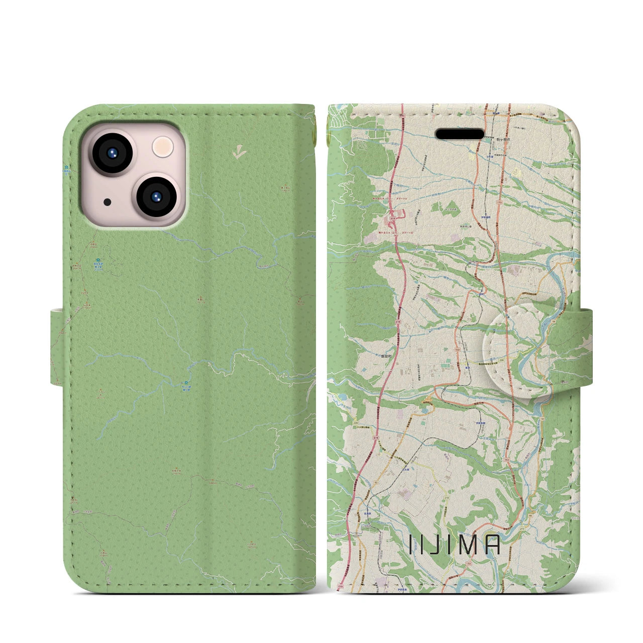【飯島(長野県)】地図柄iPhoneケース(手帳タイプ)ナチュラル・iPhone 13 mini 用