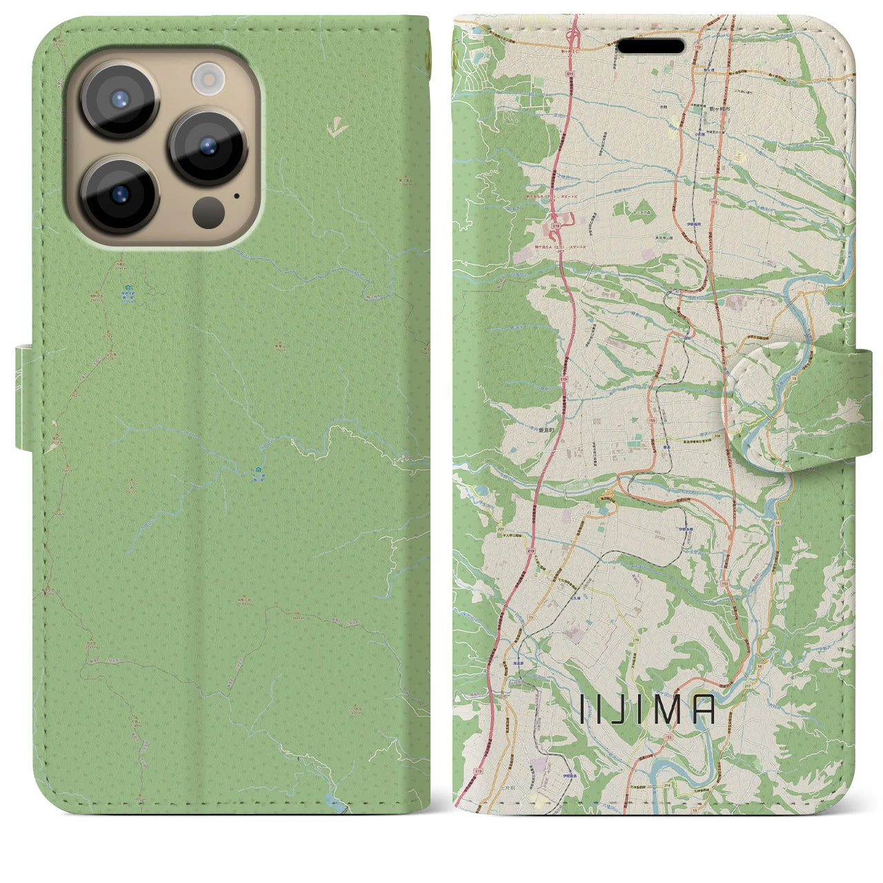 【飯島(長野県)】地図柄iPhoneケース(手帳タイプ)ナチュラル・iPhone 14 Pro Max 用