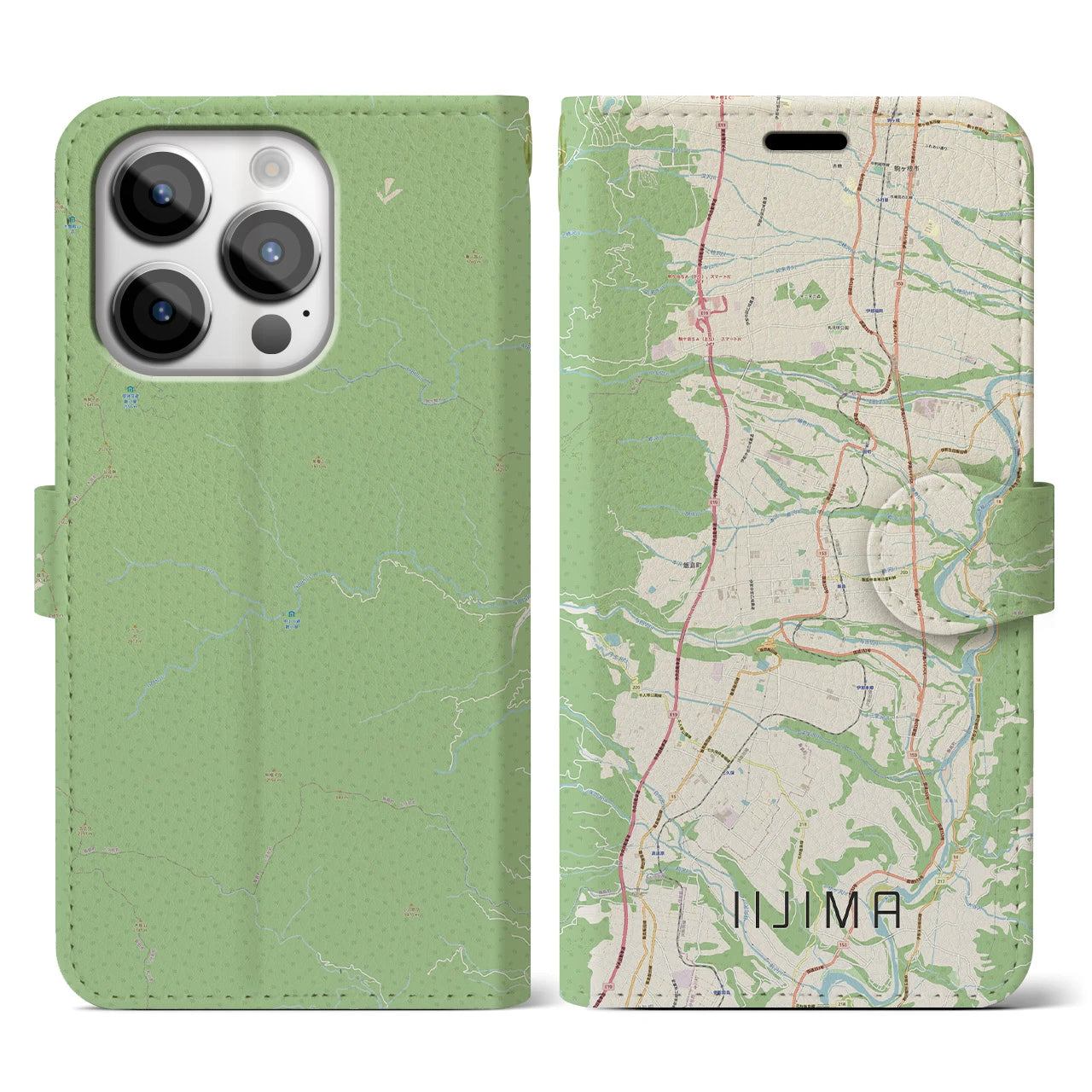 【飯島(長野県)】地図柄iPhoneケース(手帳タイプ)ナチュラル・iPhone 14 Pro 用