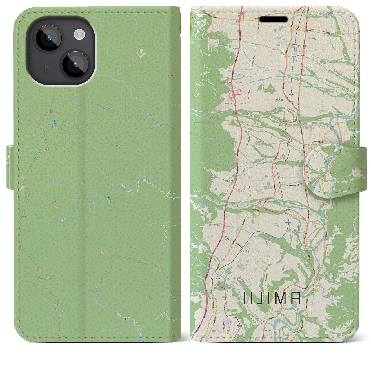 【飯島(長野県)】地図柄iPhoneケース(手帳タイプ)ナチュラル・iPhone 14 Plus 用