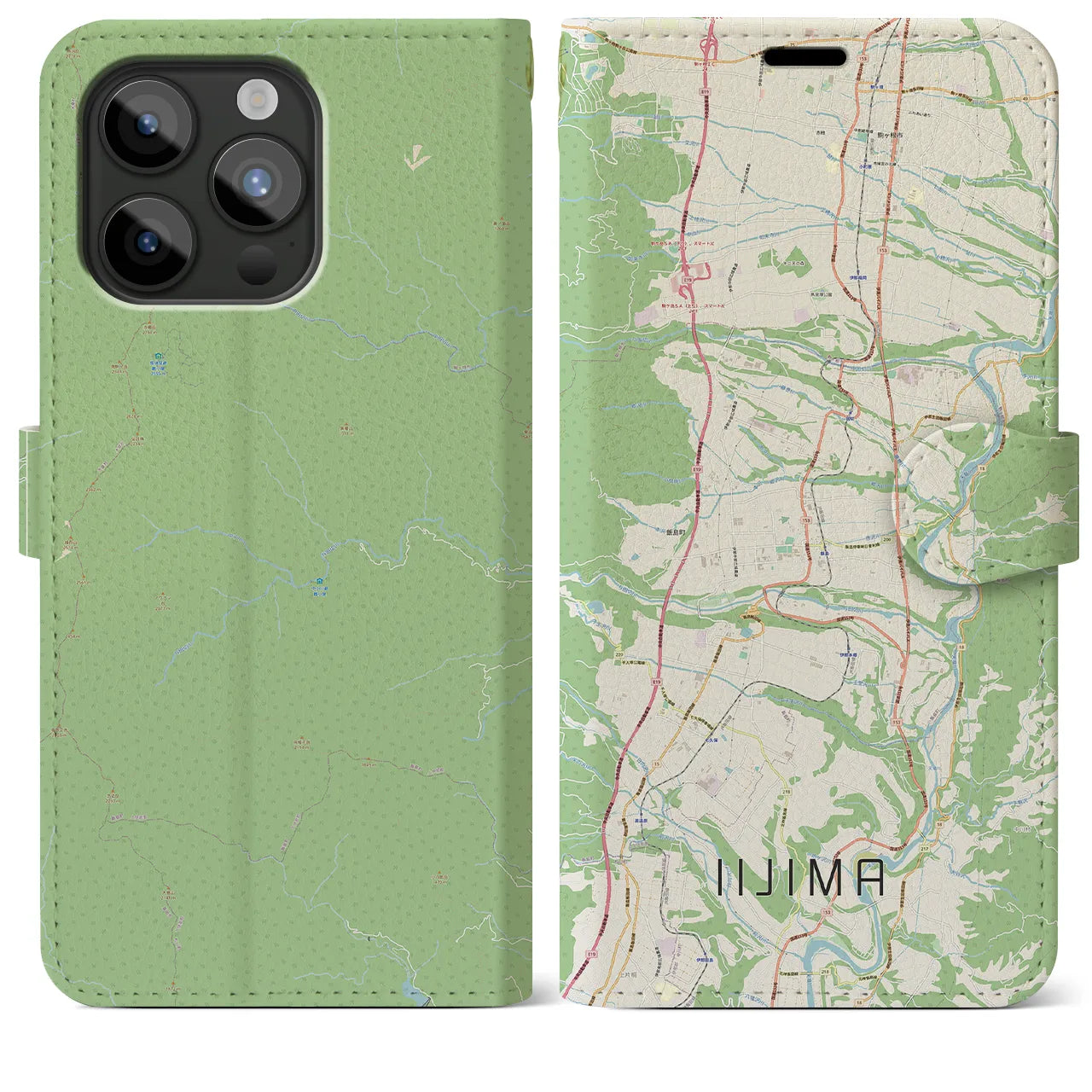 【飯島(長野県)】地図柄iPhoneケース(手帳タイプ)ナチュラル・iPhone 15 Pro Max 用