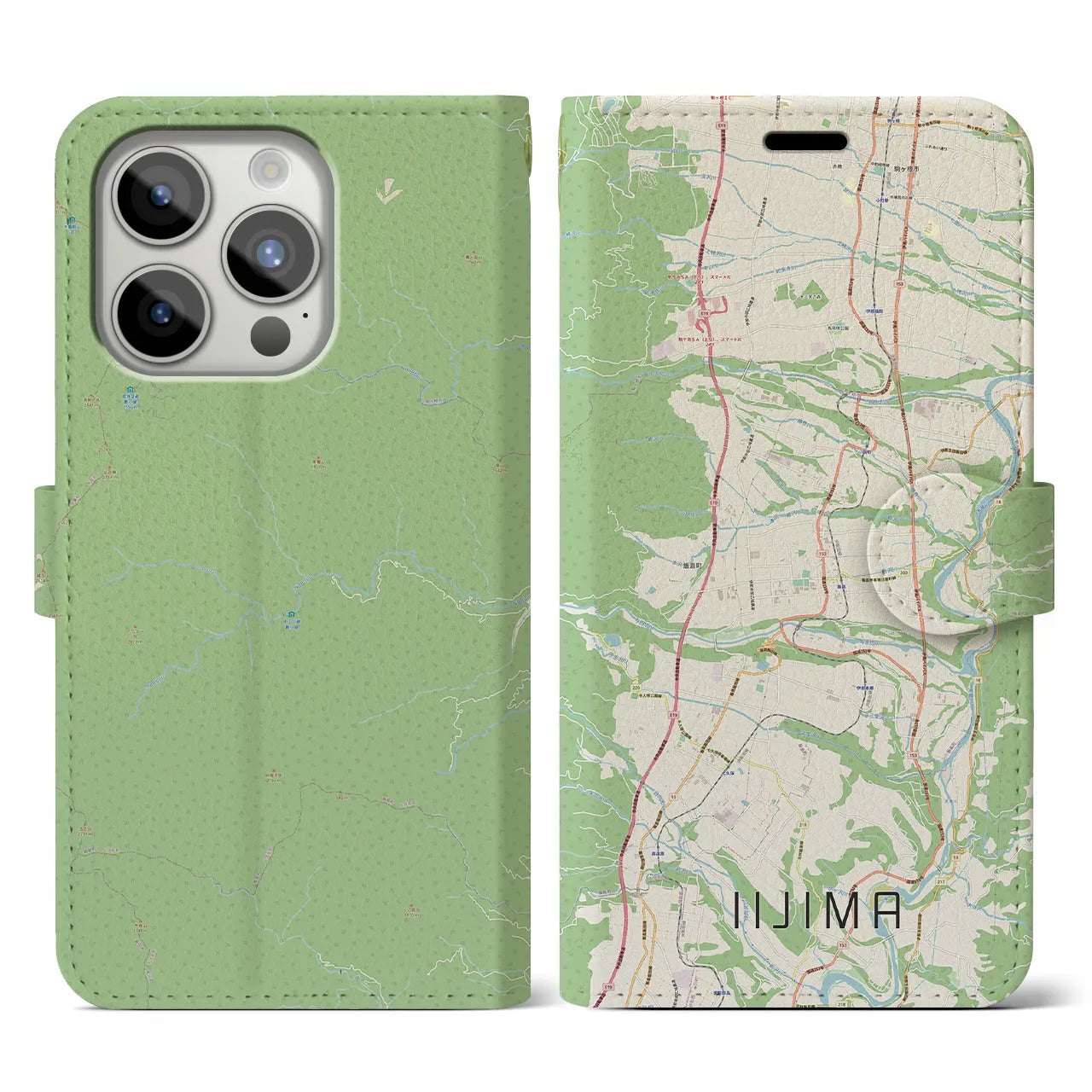 【飯島(長野県)】地図柄iPhoneケース(手帳タイプ)ナチュラル・iPhone 15 Pro 用