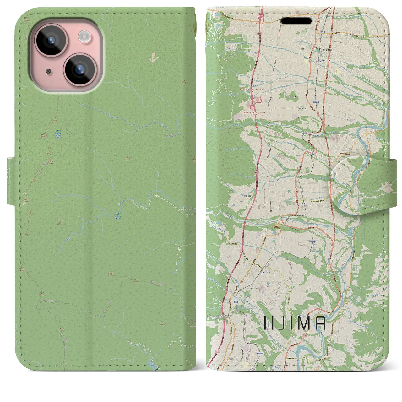 【飯島(長野県)】地図柄iPhoneケース(手帳タイプ)ナチュラル・iPhone 15 Plus 用