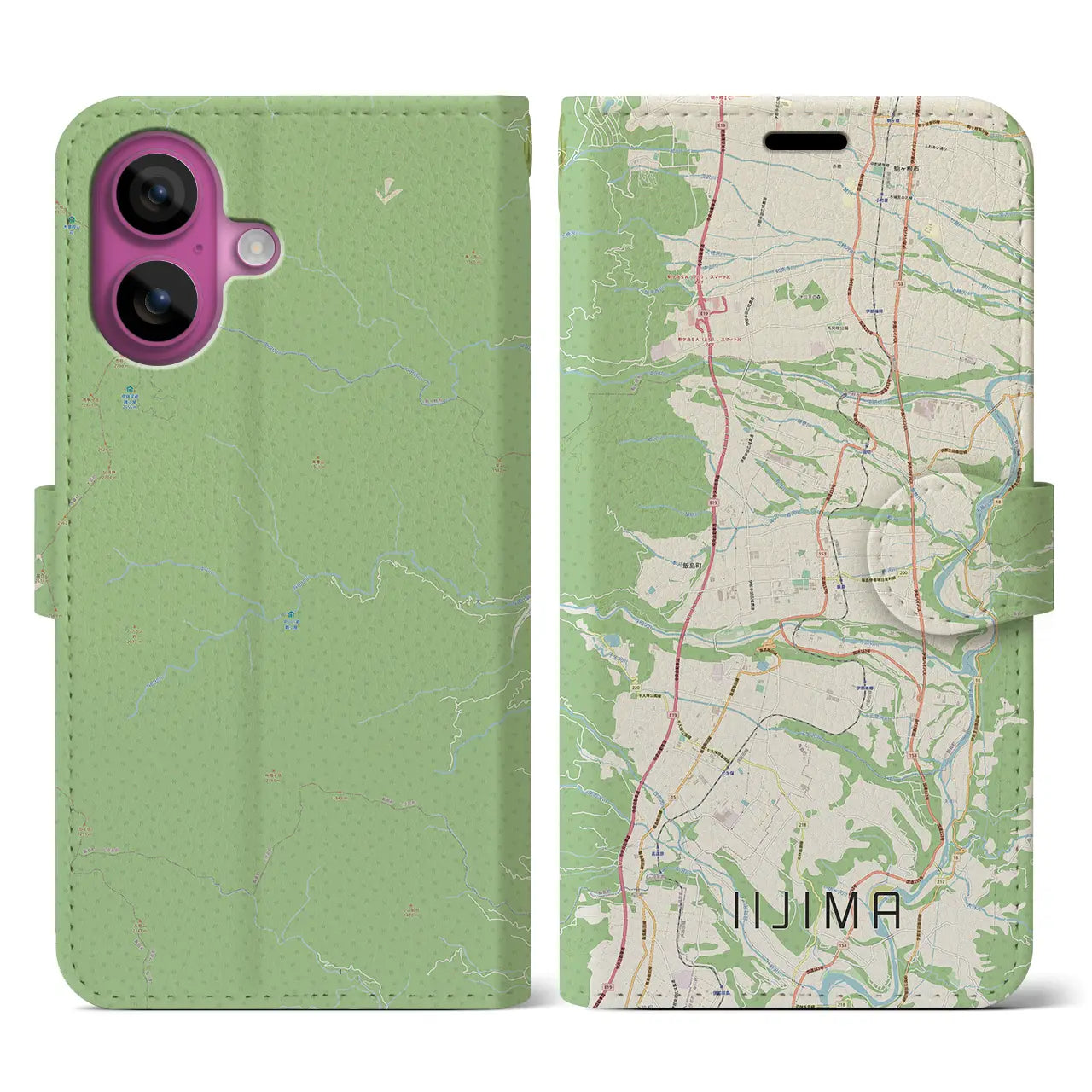 【飯島(長野県)】地図柄iPhoneケース(手帳タイプ)ナチュラル・iPhone 16 Pro 用