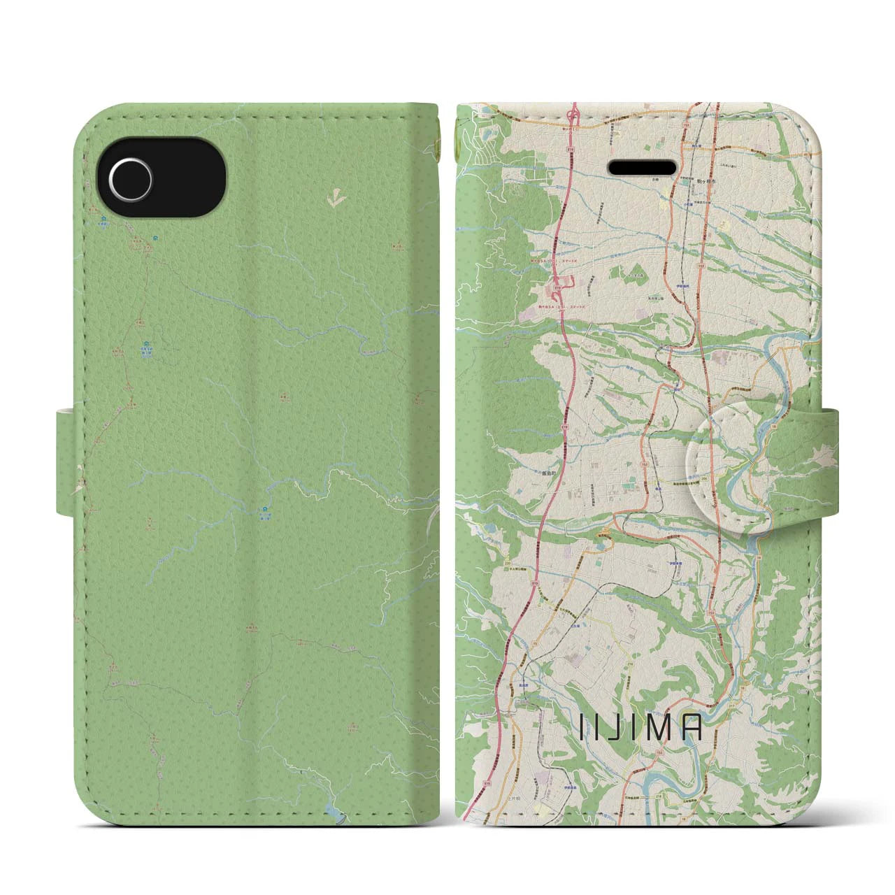 【飯島(長野県)】地図柄iPhoneケース(手帳タイプ)ナチュラル・iPhone SE(第3 / 第2世代) / 8 / 7 / 6s / 6 用