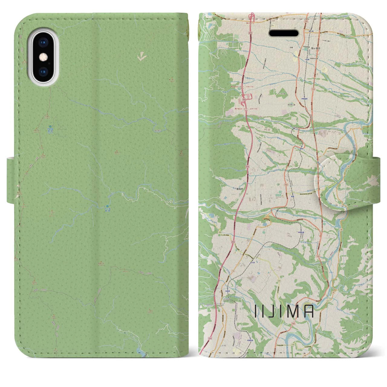 【飯島(長野県)】地図柄iPhoneケース(手帳タイプ)ナチュラル・iPhone XS Max 用