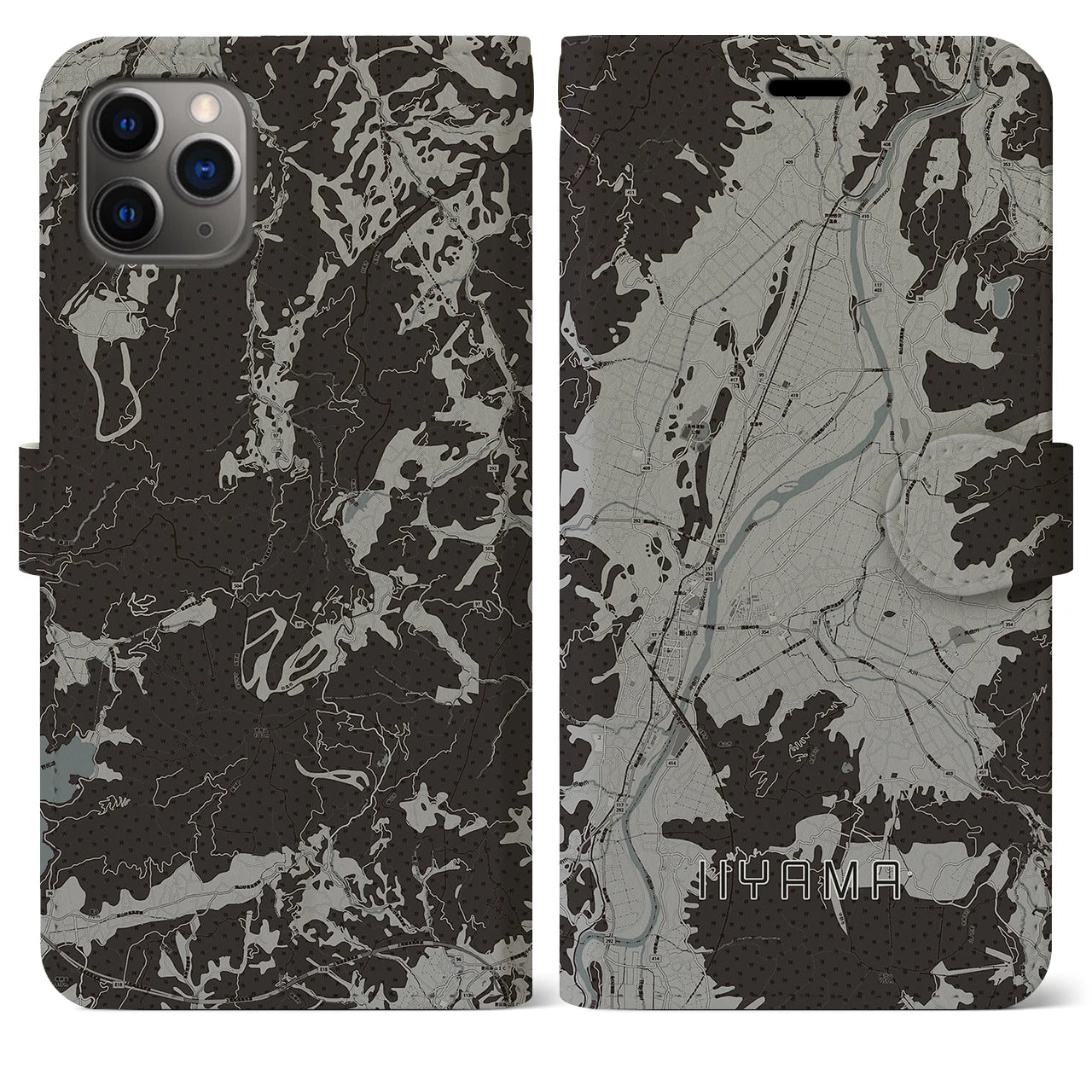 【飯山(長野県)】地図柄iPhoneケース(手帳タイプ)モノトーン・iPhone 11 Pro Max 用