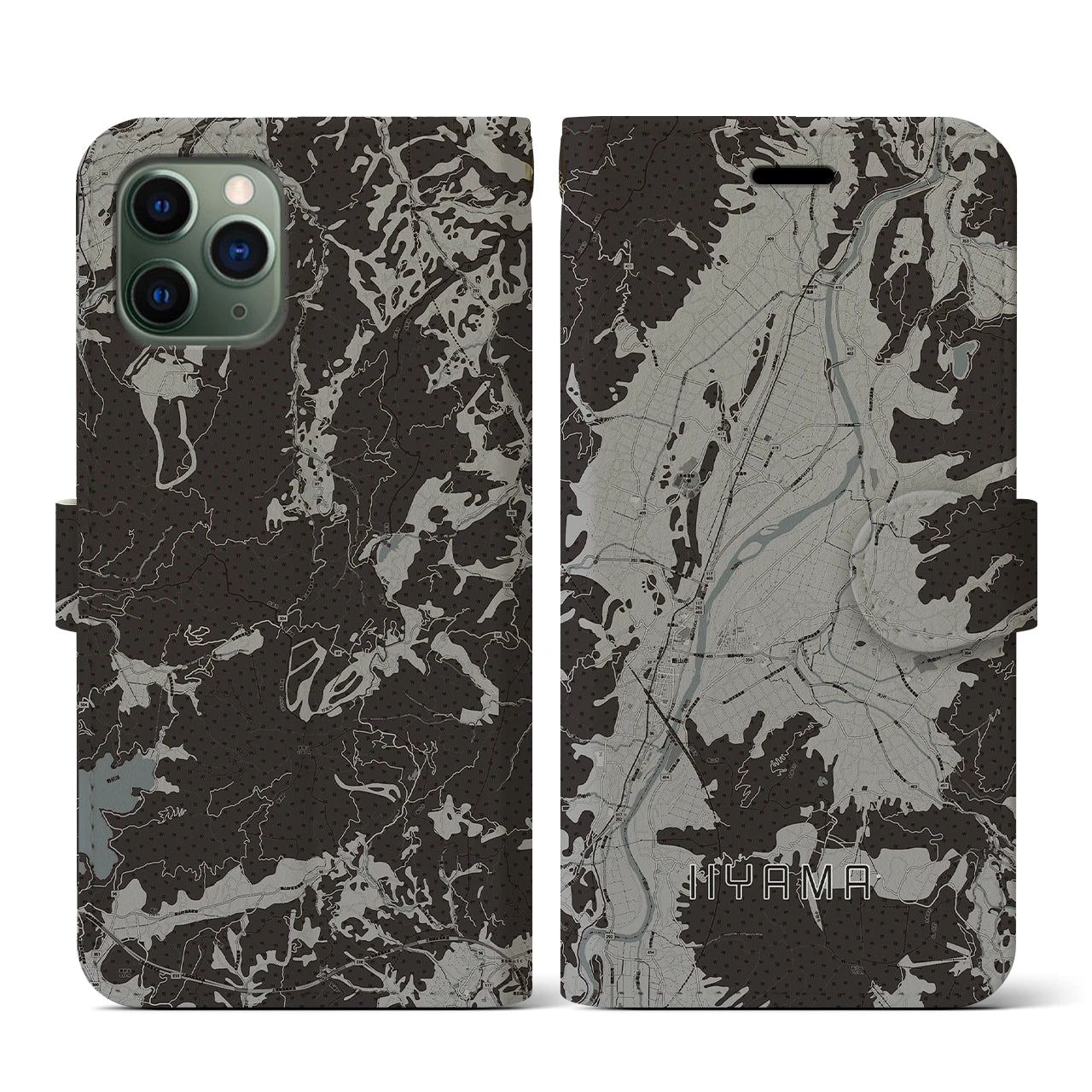 【飯山(長野県)】地図柄iPhoneケース(手帳タイプ)モノトーン・iPhone 11 Pro 用