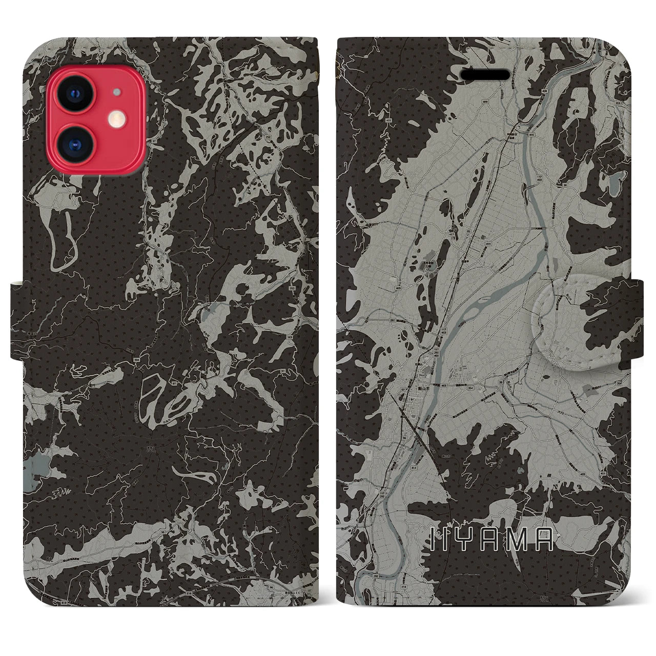 【飯山(長野県)】地図柄iPhoneケース(手帳タイプ)モノトーン・iPhone 11 用