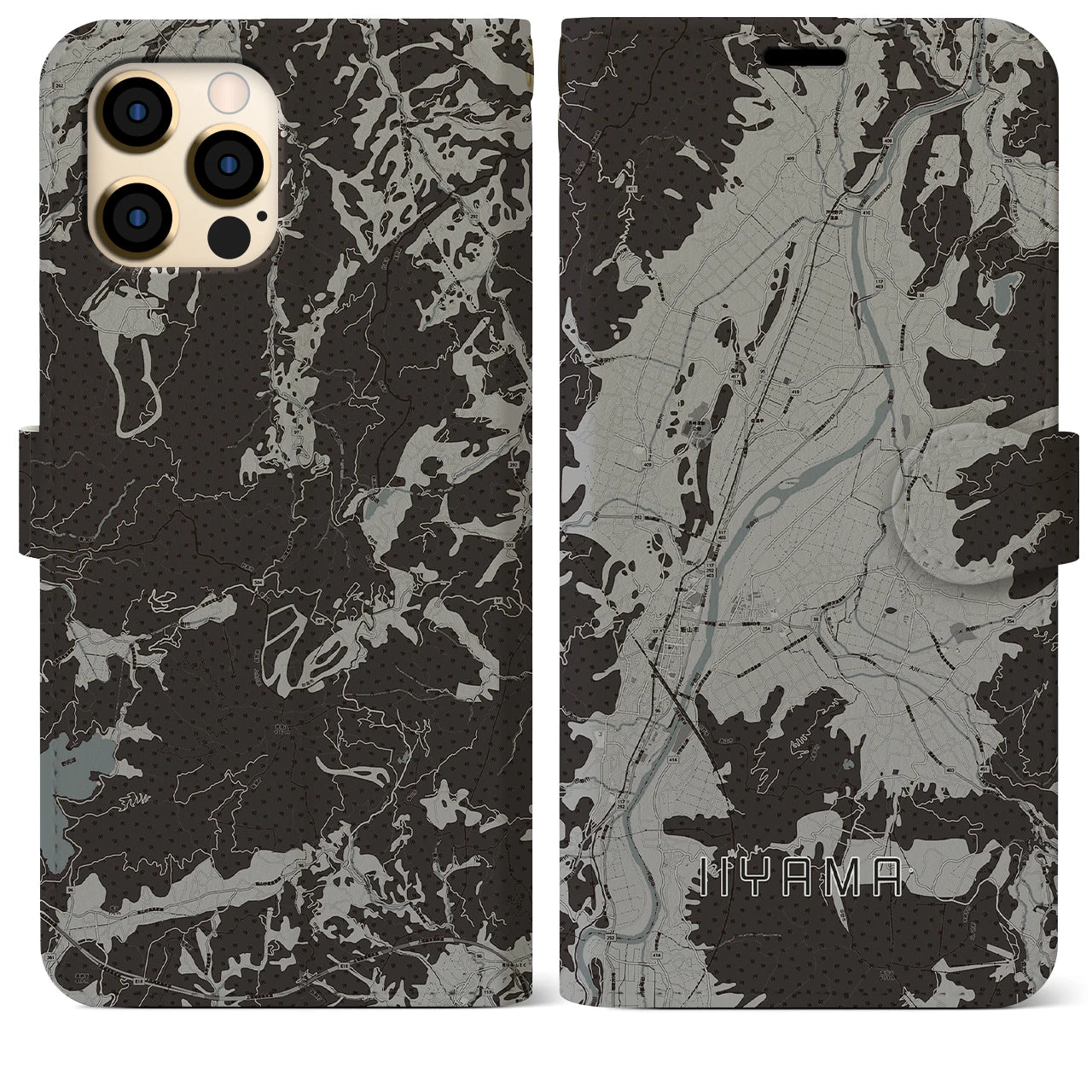 【飯山(長野県)】地図柄iPhoneケース(手帳タイプ)モノトーン・iPhone 12 Pro Max 用