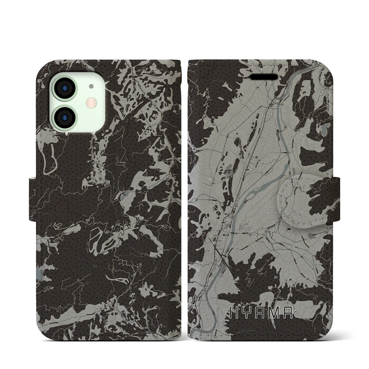 【飯山(長野県)】地図柄iPhoneケース(手帳タイプ)モノトーン・iPhone 12 mini 用