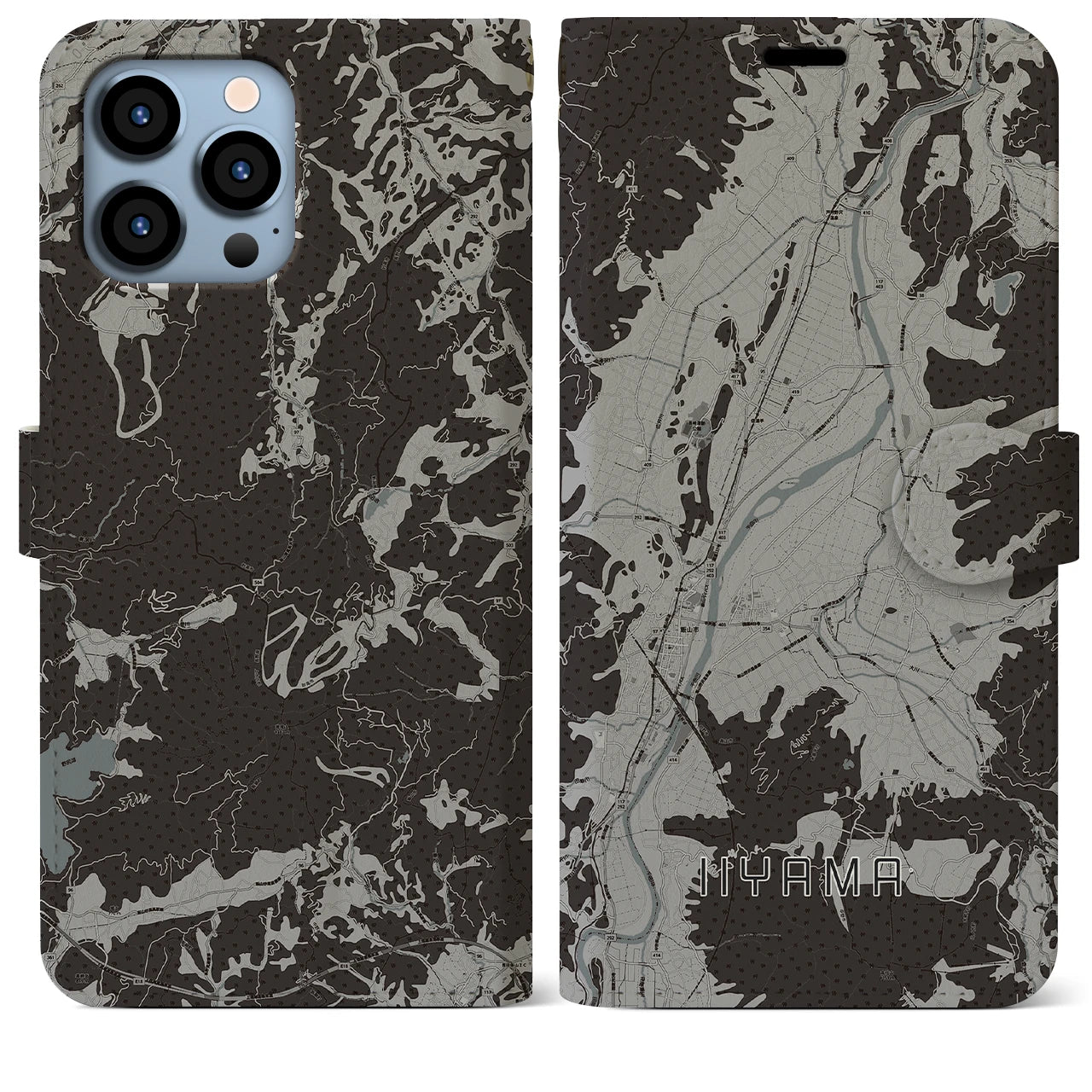 【飯山(長野県)】地図柄iPhoneケース(手帳タイプ)モノトーン・iPhone 13 Pro Max 用