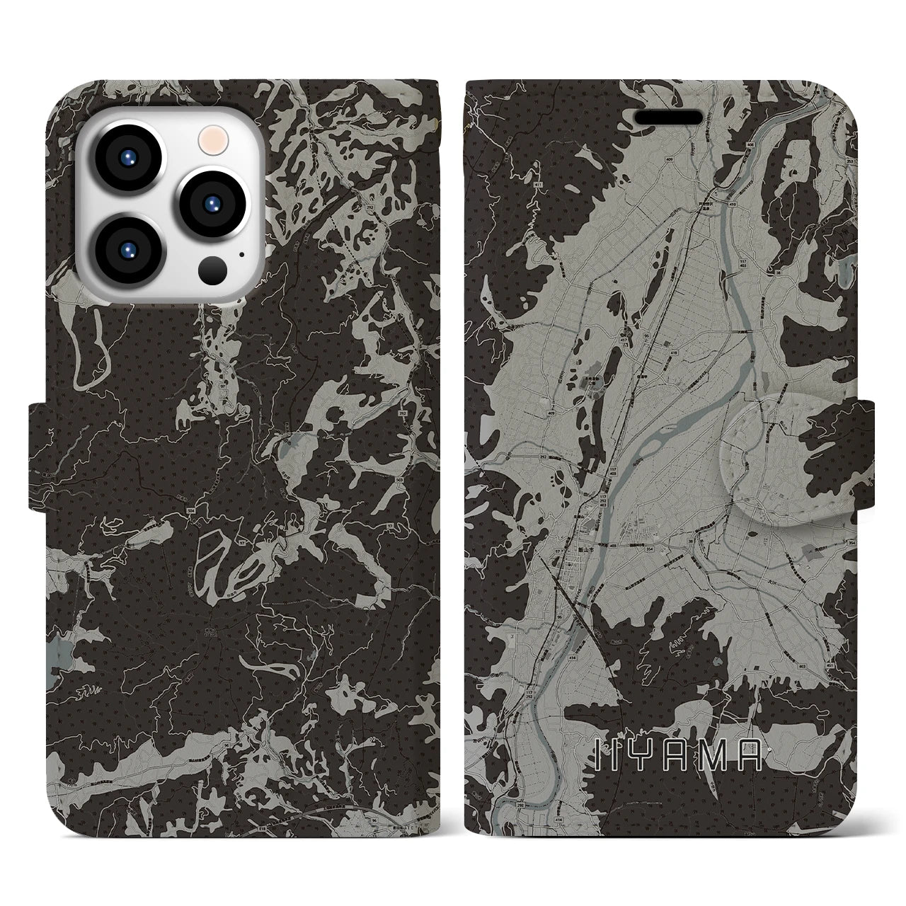 【飯山(長野県)】地図柄iPhoneケース(手帳タイプ)モノトーン・iPhone 13 Pro 用