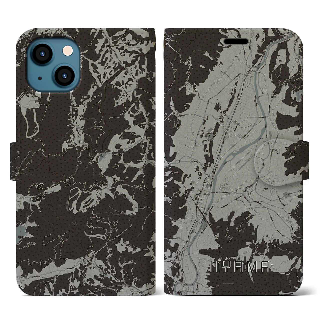 【飯山(長野県)】地図柄iPhoneケース(手帳タイプ)モノトーン・iPhone 13 用