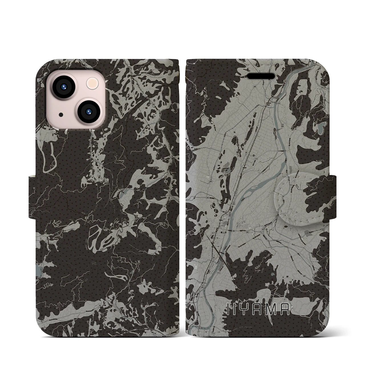 【飯山(長野県)】地図柄iPhoneケース(手帳タイプ)モノトーン・iPhone 13 mini 用