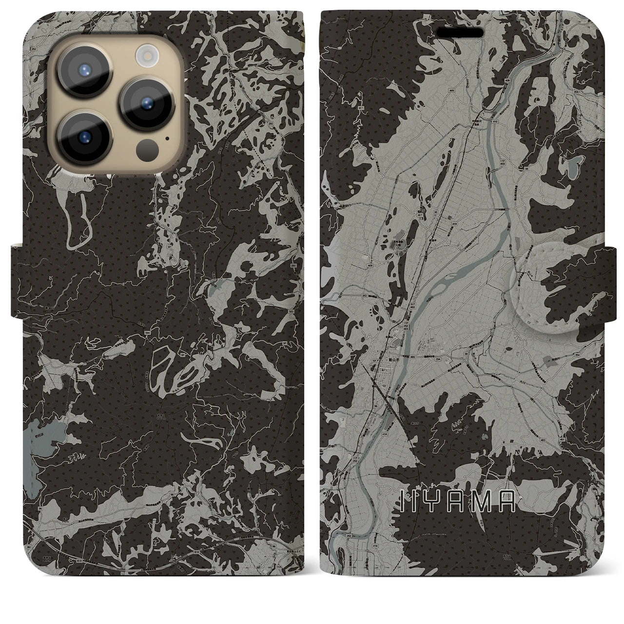 【飯山(長野県)】地図柄iPhoneケース(手帳タイプ)モノトーン・iPhone 14 Pro Max 用