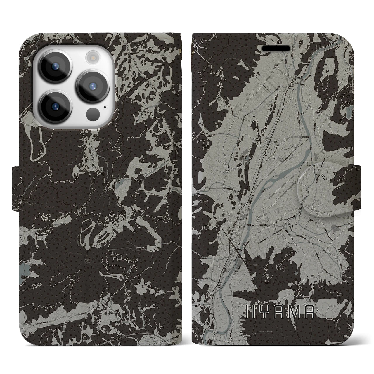 【飯山(長野県)】地図柄iPhoneケース(手帳タイプ)モノトーン・iPhone 14 Pro 用