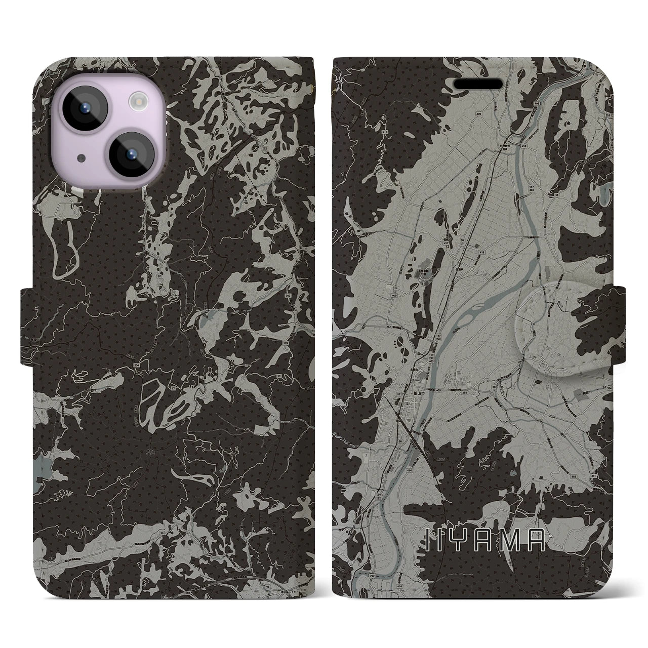 【飯山(長野県)】地図柄iPhoneケース(手帳タイプ)モノトーン・iPhone 14 用