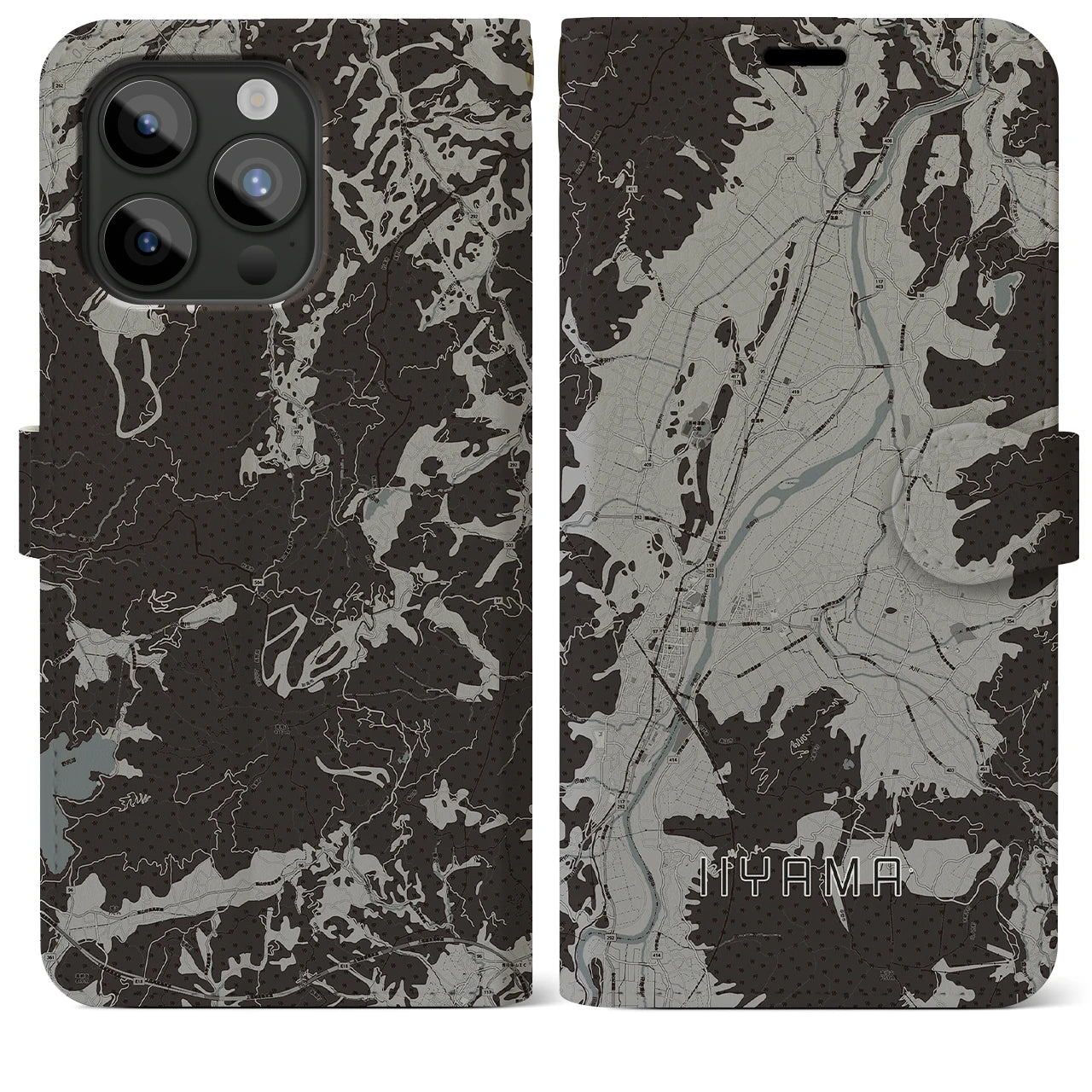 【飯山(長野県)】地図柄iPhoneケース(手帳タイプ)モノトーン・iPhone 15 Pro Max 用