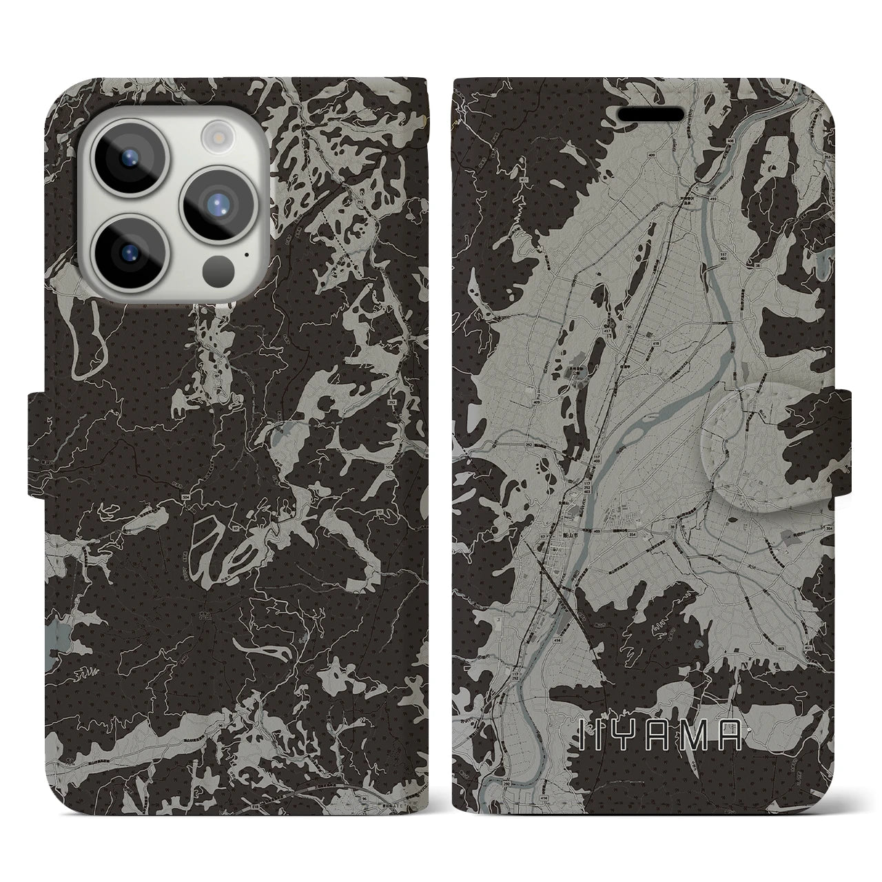 【飯山(長野県)】地図柄iPhoneケース(手帳タイプ)モノトーン・iPhone 15 Pro 用