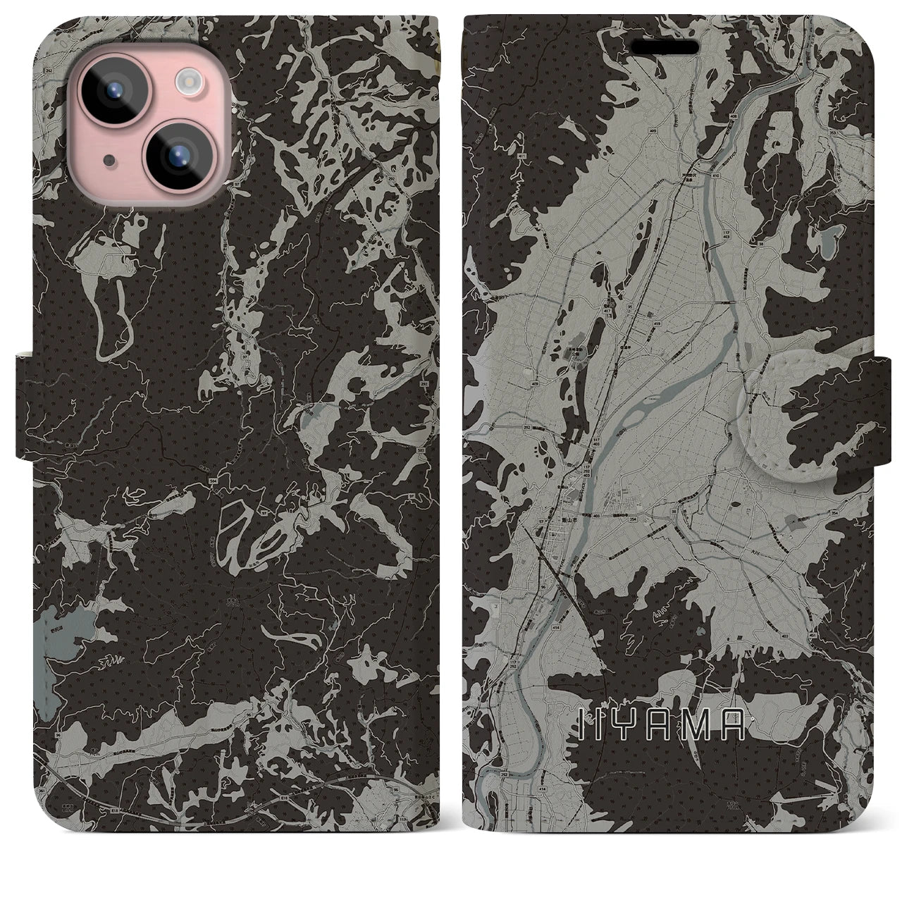 【飯山(長野県)】地図柄iPhoneケース(手帳タイプ)モノトーン・iPhone 15 Plus 用