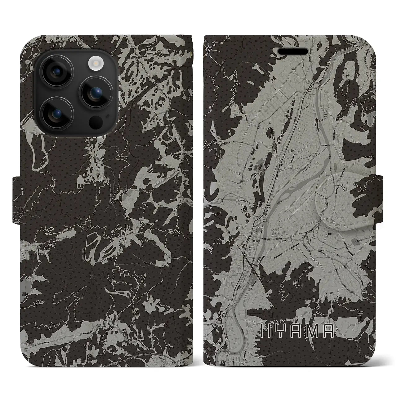 【飯山(長野県)】地図柄iPhoneケース(手帳タイプ)モノトーン・iPhone 16 用