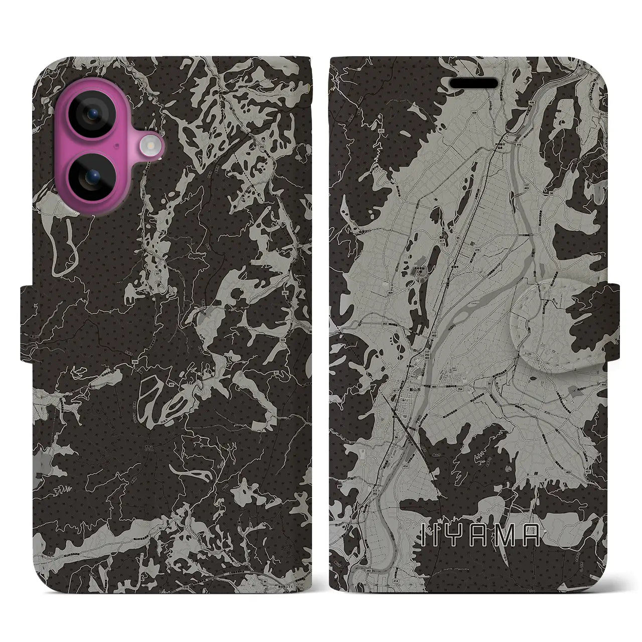 【飯山(長野県)】地図柄iPhoneケース(手帳タイプ)モノトーン・iPhone 16 Pro 用