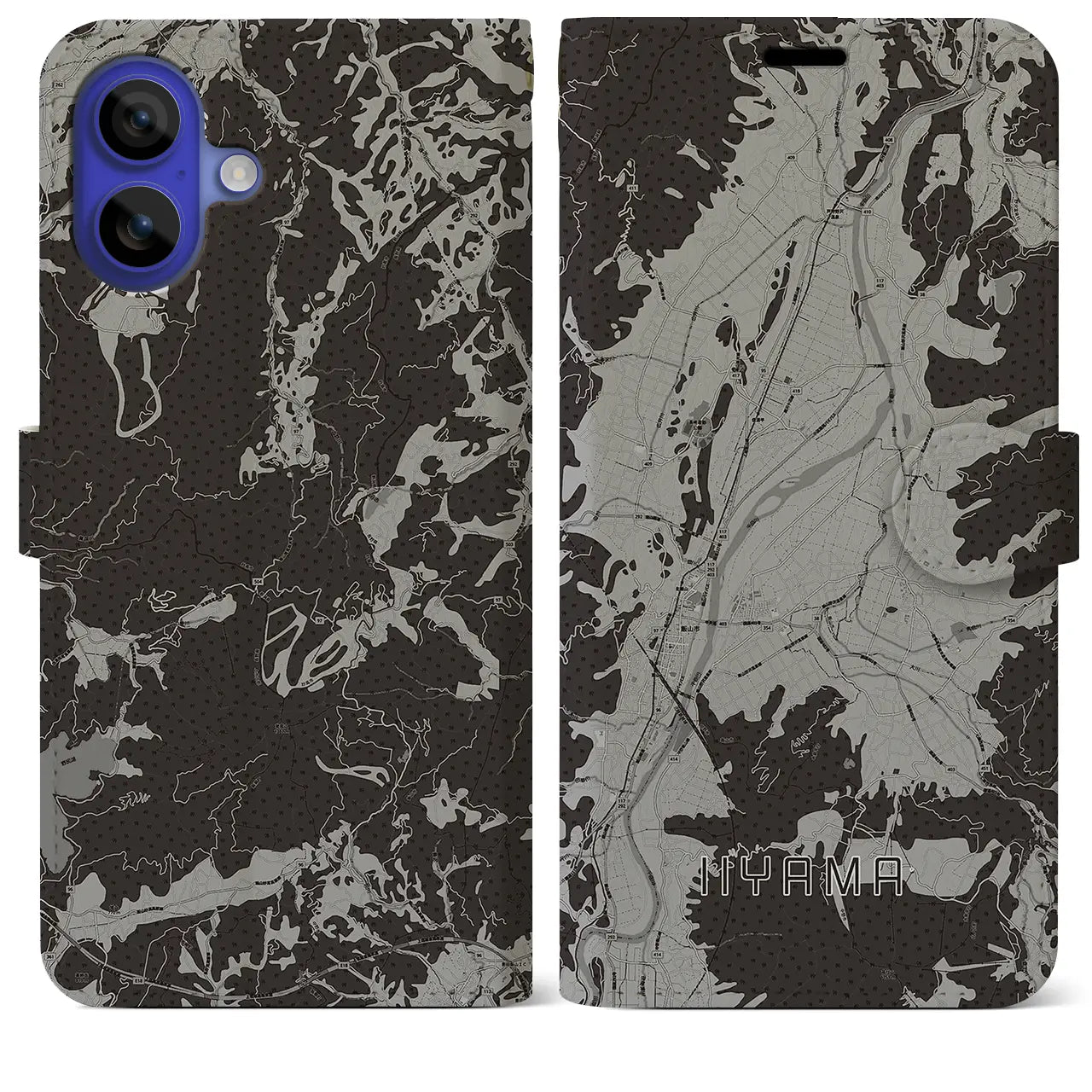 【飯山(長野県)】地図柄iPhoneケース(手帳タイプ)モノトーン・iPhone 16 Pro Max 用