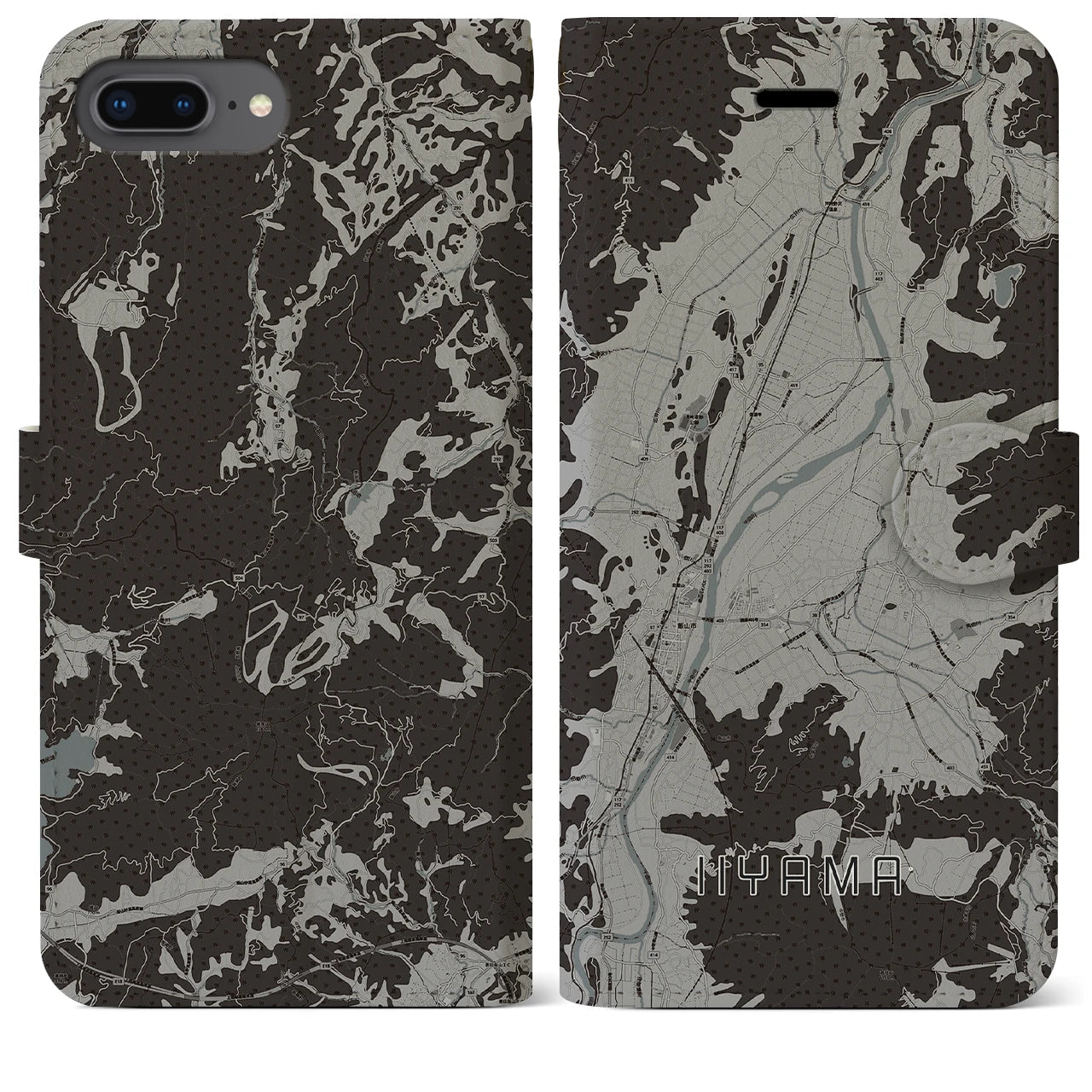 【飯山(長野県)】地図柄iPhoneケース(手帳タイプ)モノトーン・iPhone 8Plus /7Plus / 6sPlus / 6Plus 用