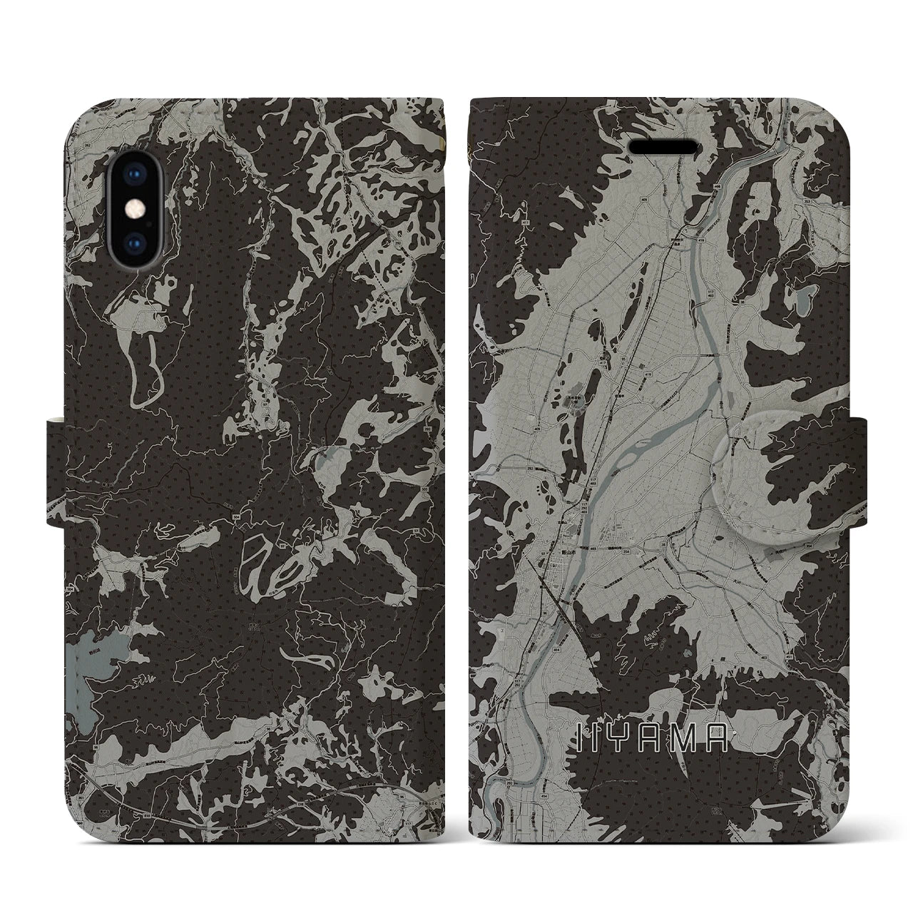 【飯山(長野県)】地図柄iPhoneケース(手帳タイプ)モノトーン・iPhone XS / X 用