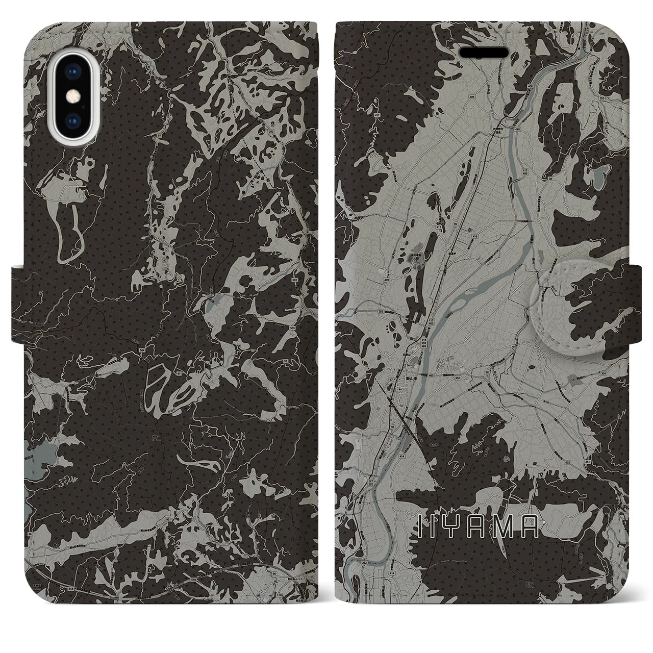 【飯山(長野県)】地図柄iPhoneケース(手帳タイプ)モノトーン・iPhone XS Max 用