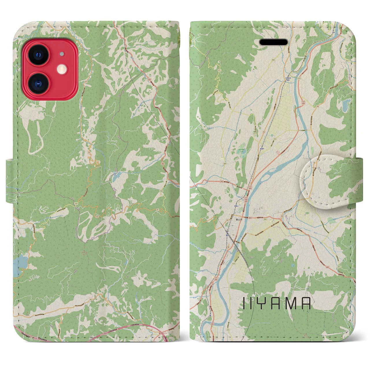 【飯山(長野県)】地図柄iPhoneケース(手帳タイプ)ナチュラル・iPhone 11 用