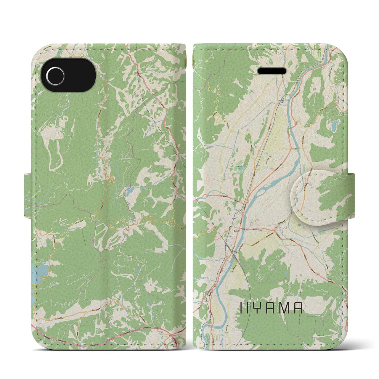 【飯山(長野県)】地図柄iPhoneケース(手帳タイプ)ナチュラル・iPhone SE(第3 / 第2世代) / 8 / 7 / 6s / 6 用