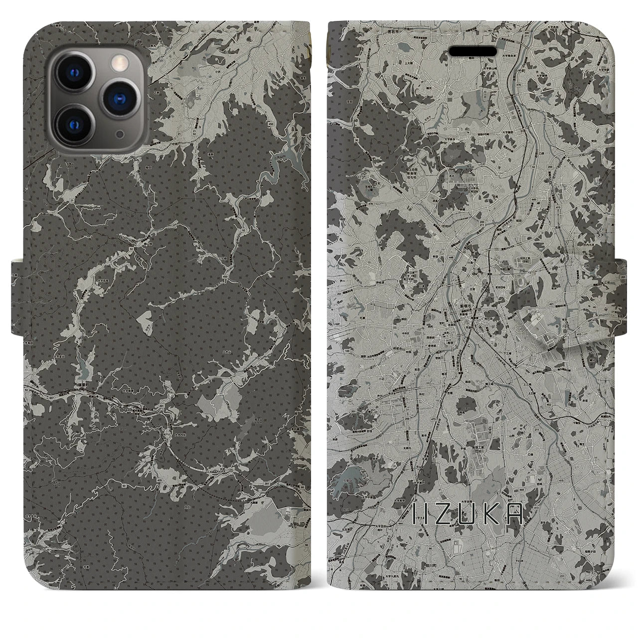 【飯塚(福岡県)】地図柄iPhoneケース(手帳タイプ)モノトーン・iPhone 11 Pro Max 用