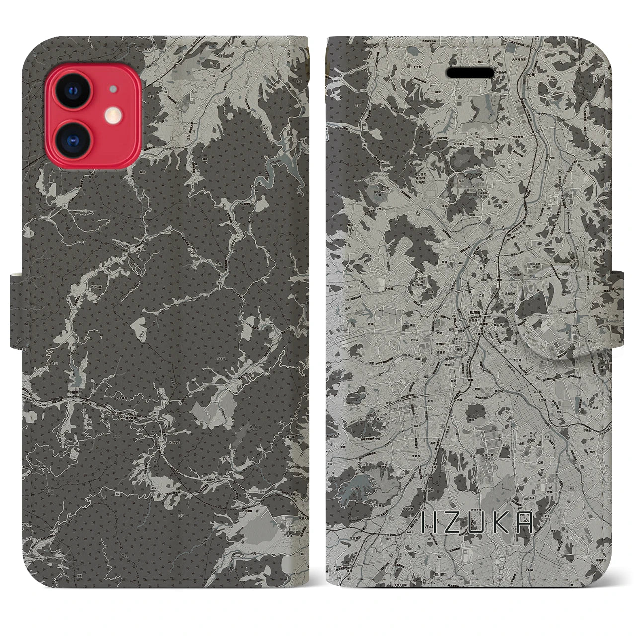 【飯塚(福岡県)】地図柄iPhoneケース(手帳タイプ)モノトーン・iPhone 11 用