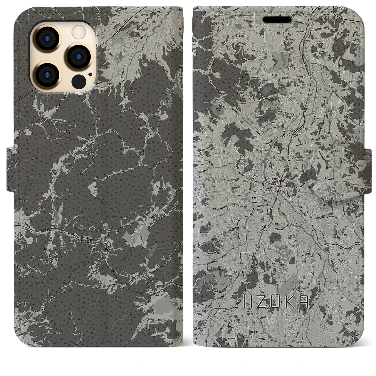 【飯塚(福岡県)】地図柄iPhoneケース(手帳タイプ)モノトーン・iPhone 12 Pro Max 用