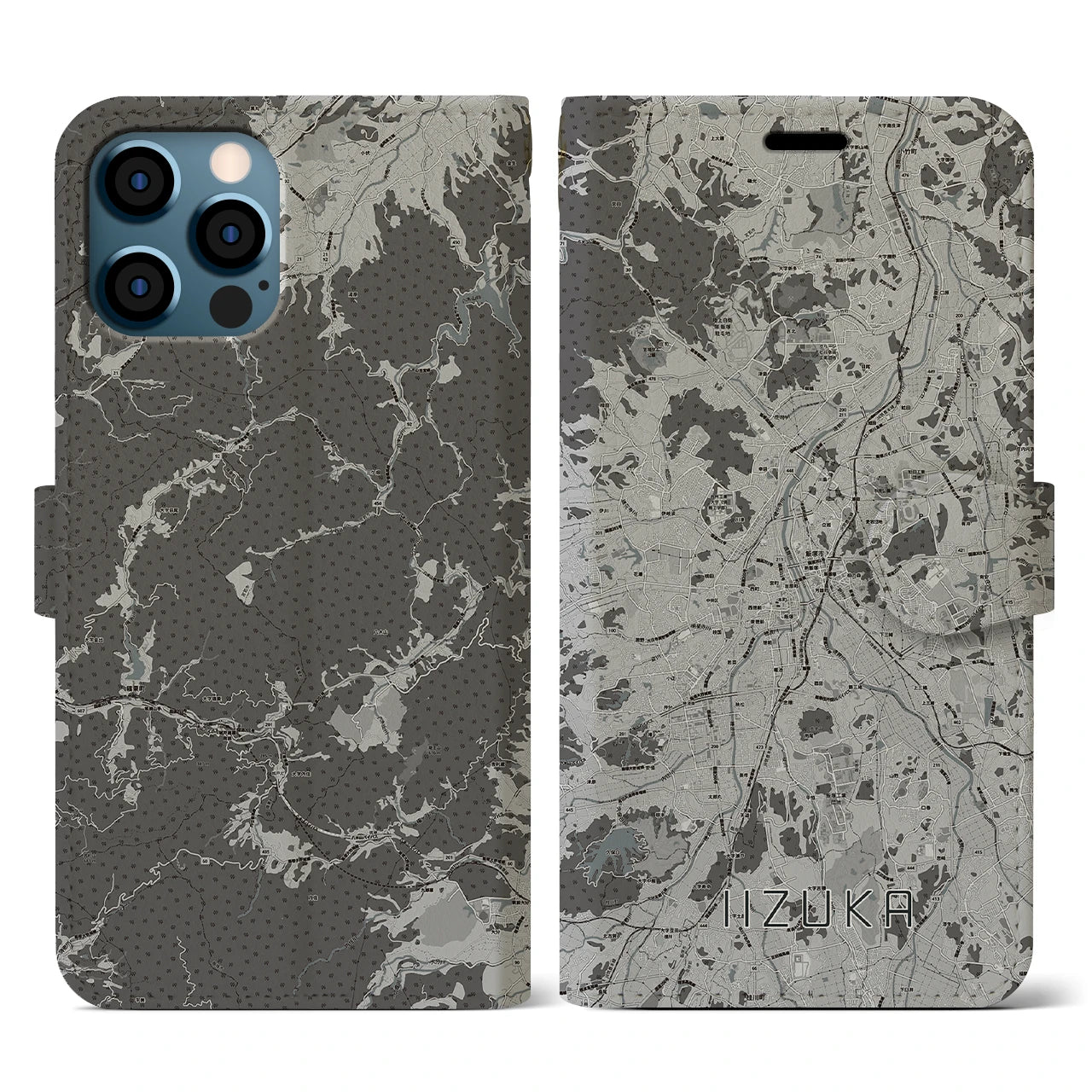 【飯塚(福岡県)】地図柄iPhoneケース(手帳タイプ)モノトーン・iPhone 12 / 12 Pro 用