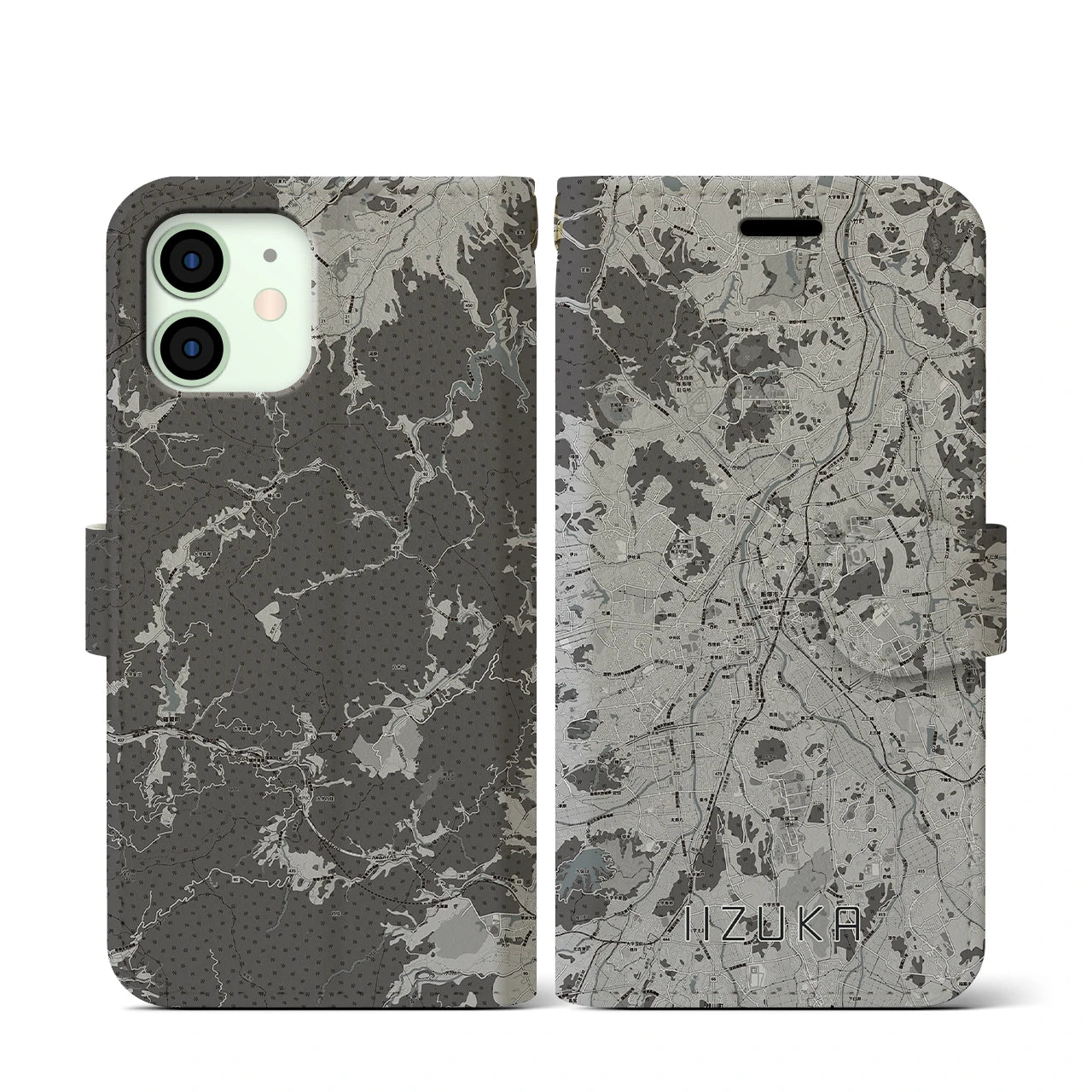 【飯塚(福岡県)】地図柄iPhoneケース(手帳タイプ)モノトーン・iPhone 12 mini 用