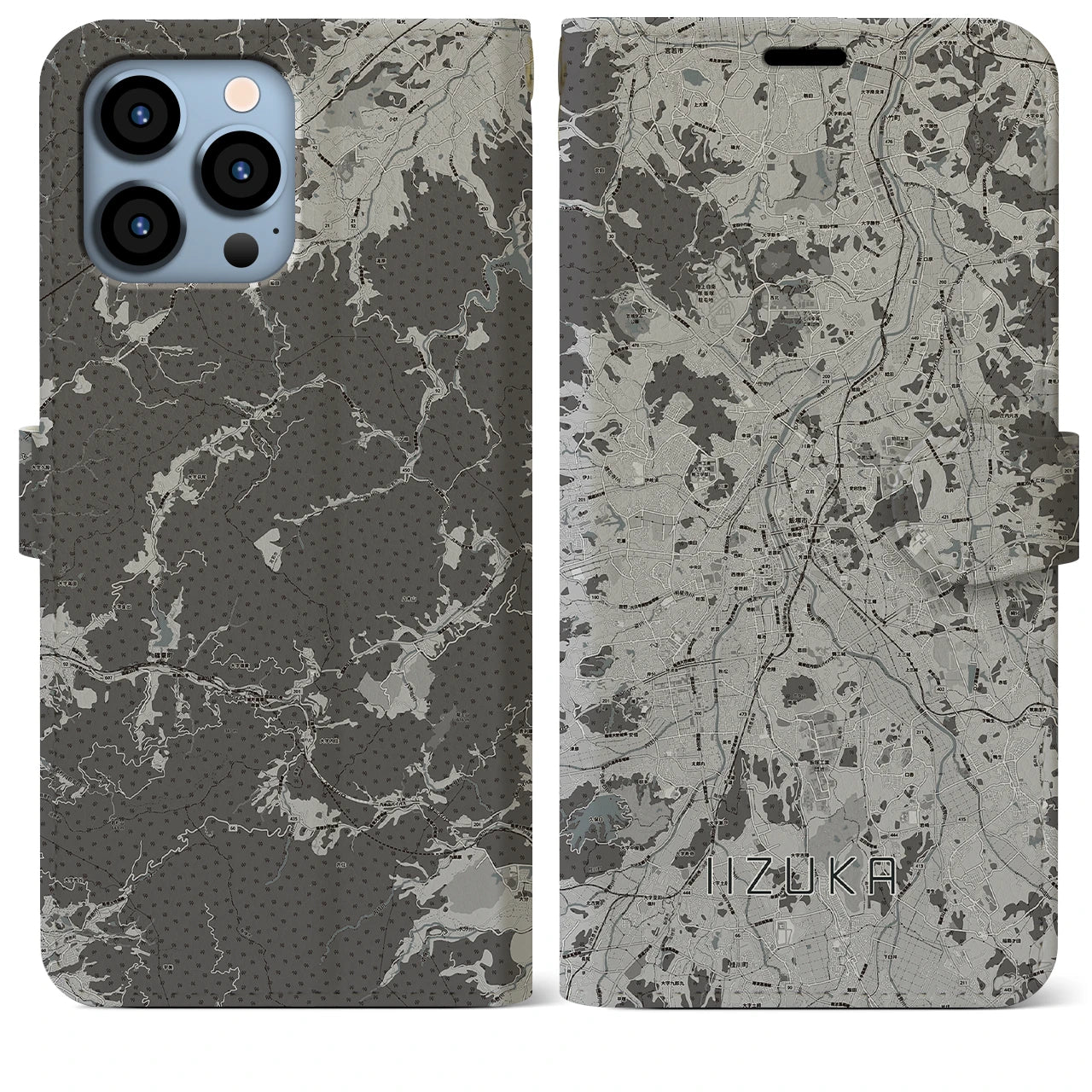 【飯塚(福岡県)】地図柄iPhoneケース(手帳タイプ)モノトーン・iPhone 13 Pro Max 用