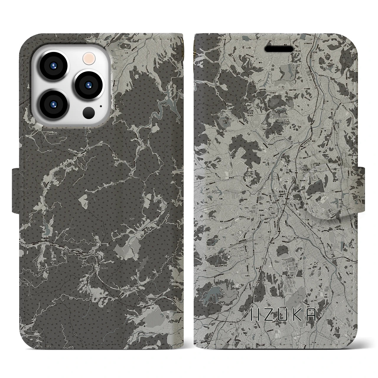 【飯塚(福岡県)】地図柄iPhoneケース(手帳タイプ)モノトーン・iPhone 13 Pro 用