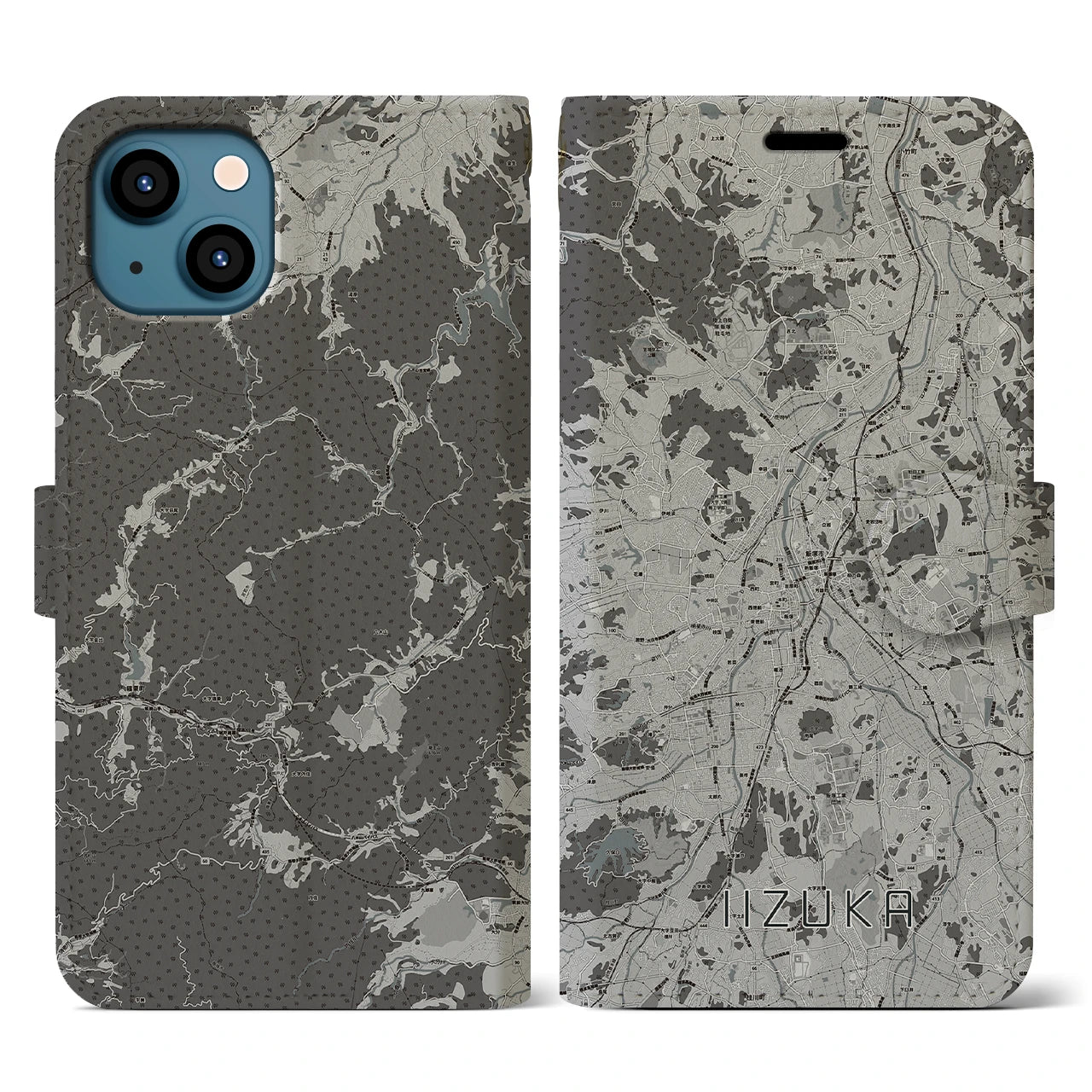 【飯塚(福岡県)】地図柄iPhoneケース(手帳タイプ)モノトーン・iPhone 13 用