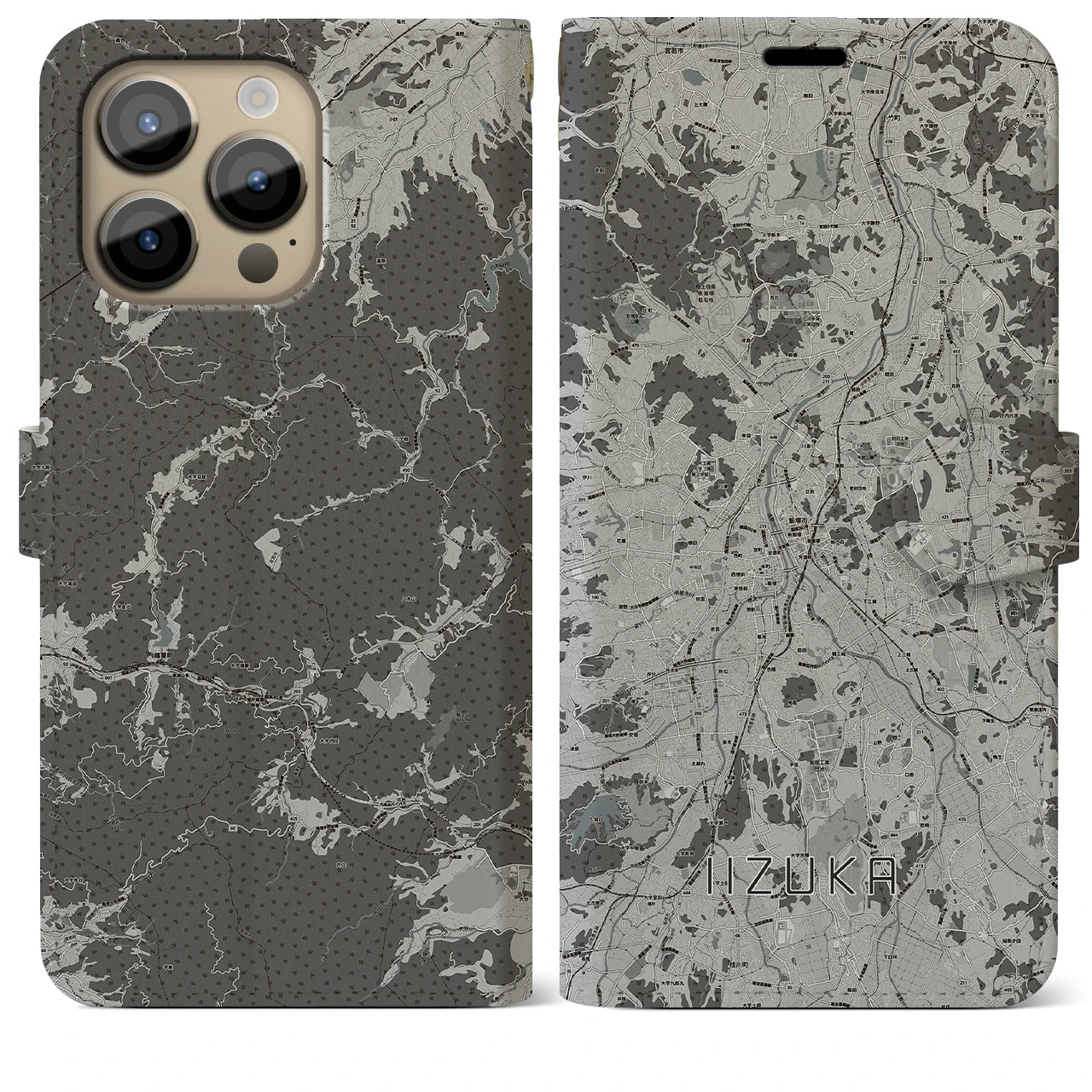 【飯塚(福岡県)】地図柄iPhoneケース(手帳タイプ)モノトーン・iPhone 14 Pro Max 用