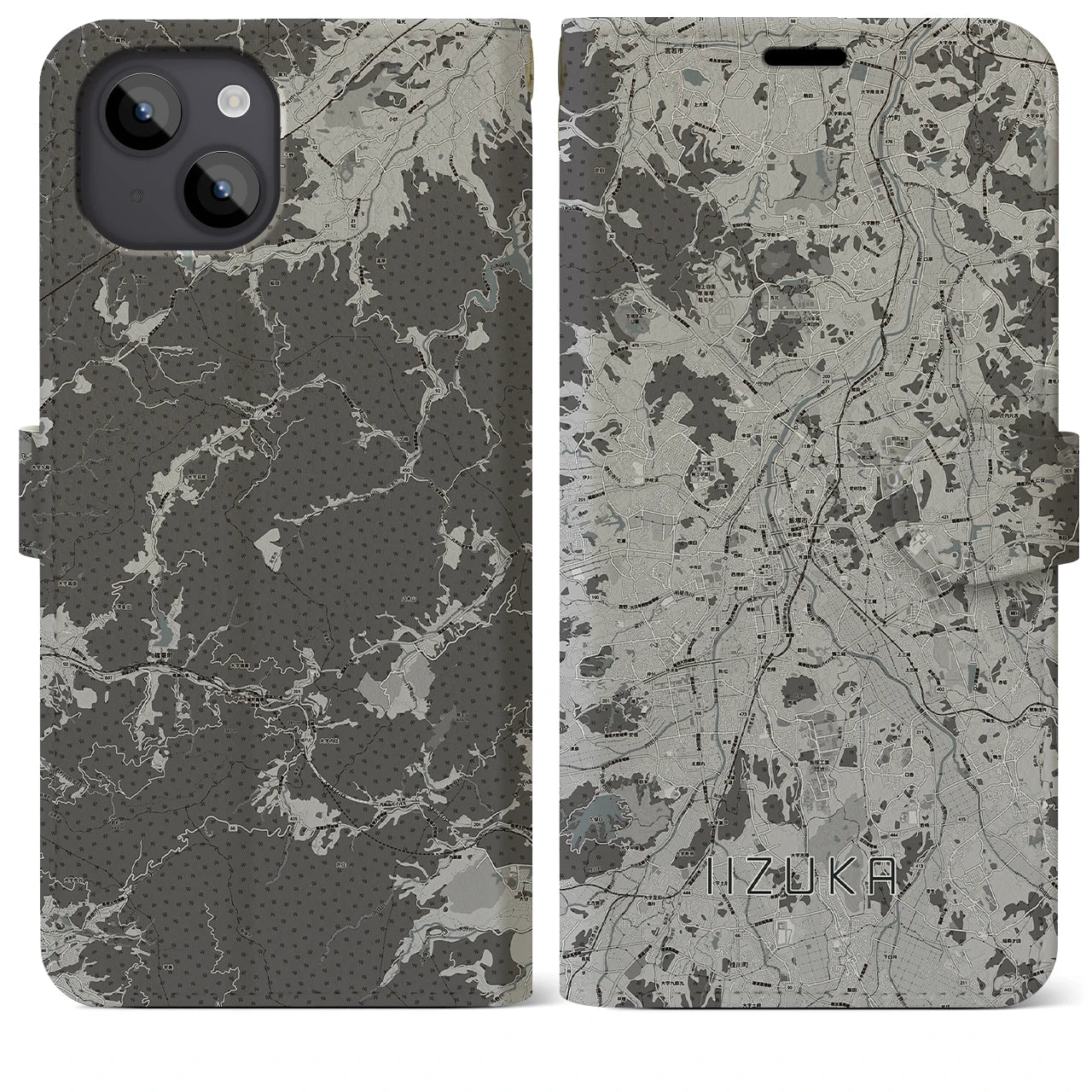 【飯塚(福岡県)】地図柄iPhoneケース(手帳タイプ)モノトーン・iPhone 14 Plus 用