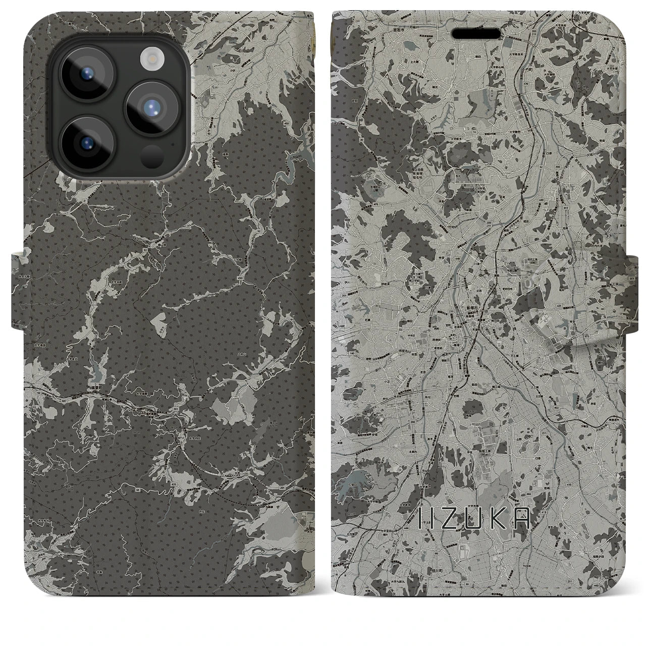【飯塚(福岡県)】地図柄iPhoneケース(手帳タイプ)モノトーン・iPhone 15 Pro Max 用