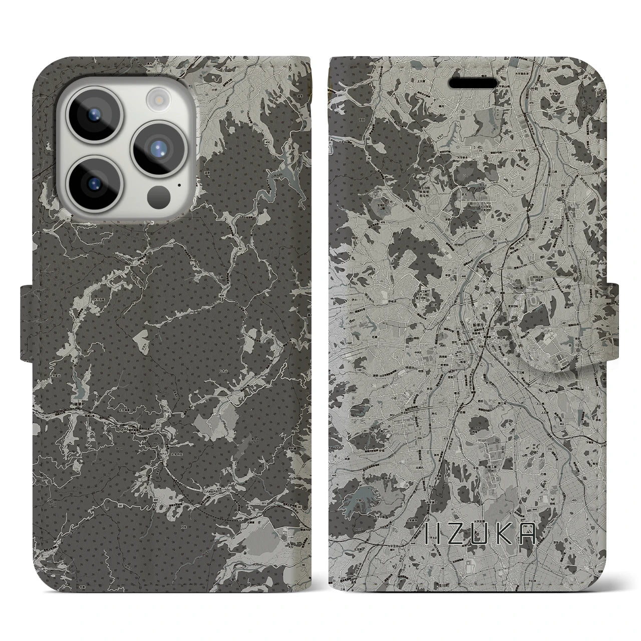 【飯塚(福岡県)】地図柄iPhoneケース(手帳タイプ)モノトーン・iPhone 15 Pro 用
